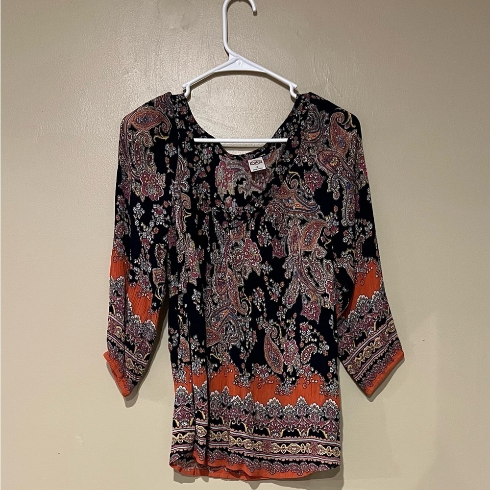 Bila Women's Paisley Tunic Top S 3/4 Sleeve Boho Peasant Festival Floral Small